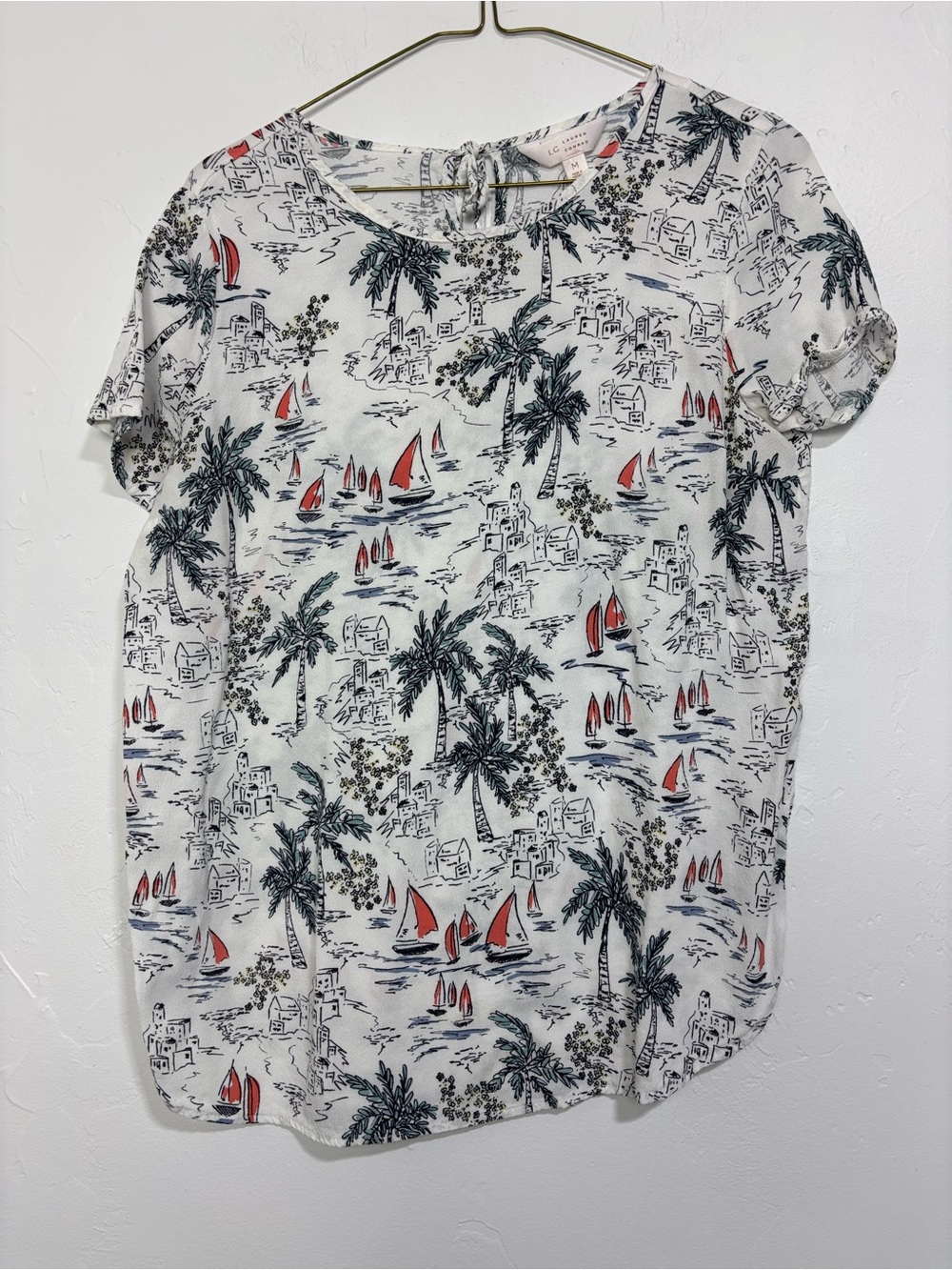 LC Lauren Conrad White Scenic Nautical Tie Neck Short Sleeve Rayon Blouse Medium